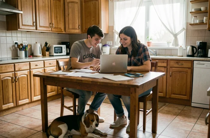 Jeune couple consultant des documents d'assurance santé pour leur chien beagle à la maison, symbolisant la démarche de souscription d'une mutuelle pour animaux de compagnie