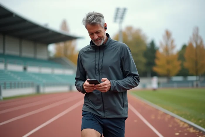 Coureur masculin consultant une application de coaching sportif sur smartphone sur une piste d'athlétisme en plein air