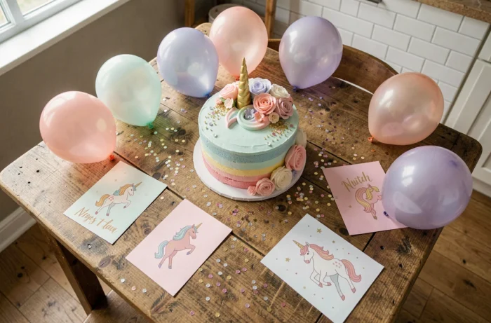 Décoration de fête licorne avec gâteau arc-en-ciel pastel, ballons irisés et confettis dorés sur table en bois