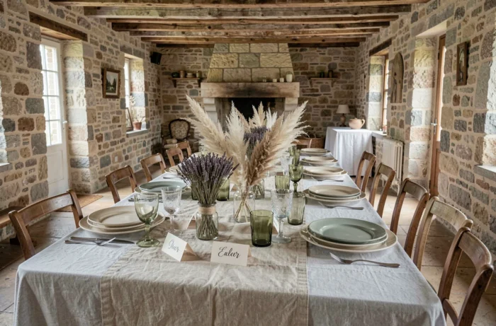 Décoration de table de mariage personnalisée avec des éléments naturels et artisanaux dans une ferme en pierre rénovée