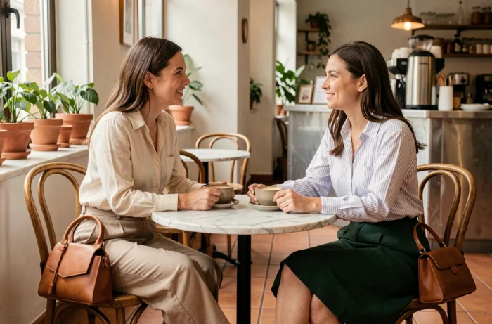Deux femmes élégantes attablées dans un café parisien, inspirations de style vestimentaire décontracté chic