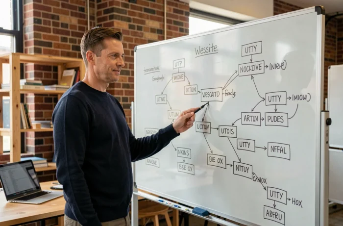 Développeur web expliquant une architecture de sitemap dessinée sur un tableau en verre dans un studio créatif