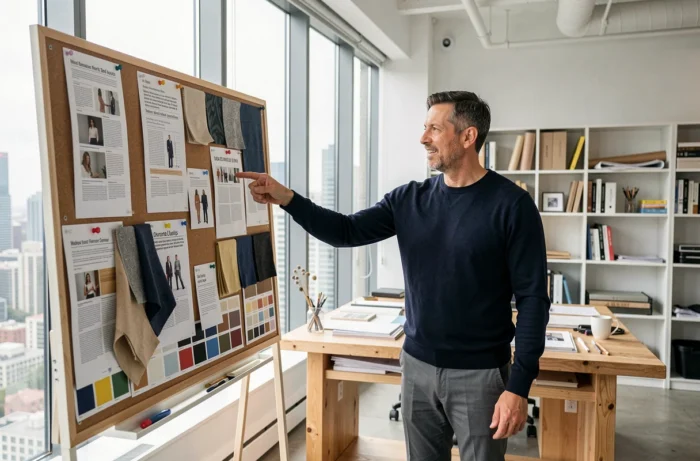 Directeur créatif masculin devant un tableau de tendances dans un studio éditorial moderne avec vue sur la ville