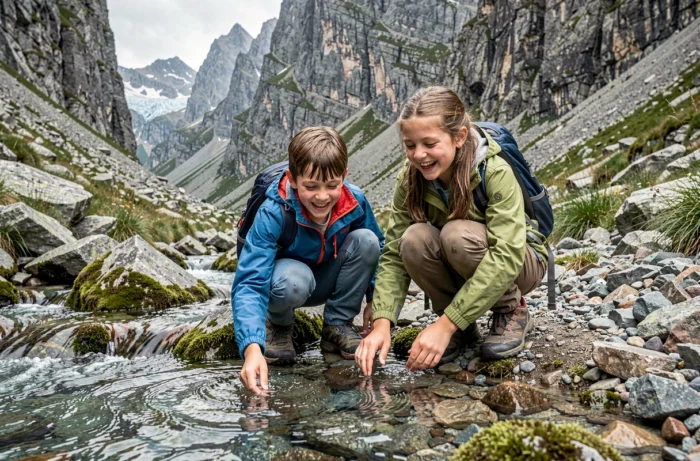 Deux enfants jouant au bord d'un ruisseau de montagne lors d'une randonnée sur le tour des Pérics en Pyrénées