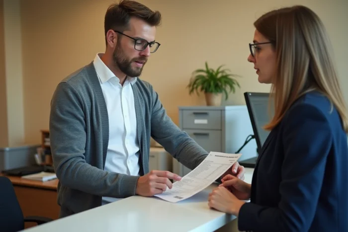 Enseignant signalant une erreur sur son bulletin de paie auprès du service administratif d'un établissement scolaire