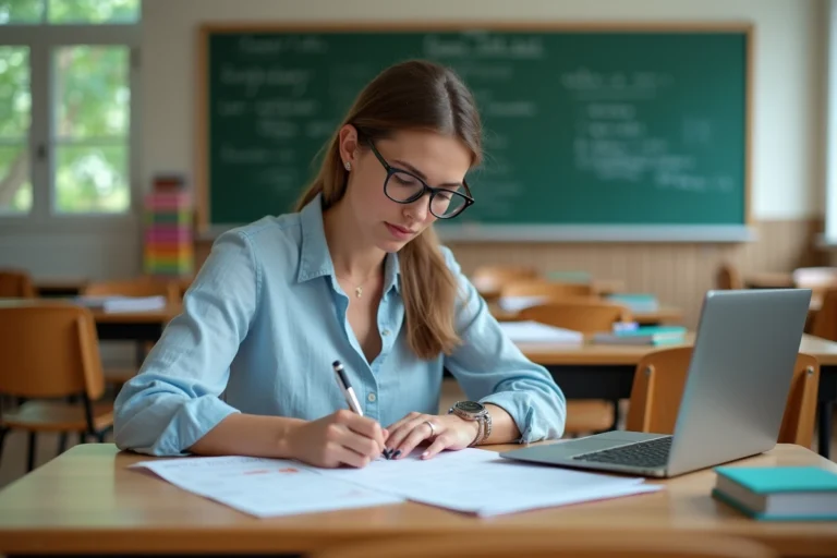 Enseignante préparant la fiche classe pour la rentrée 2026 dans une salle de classe organisée