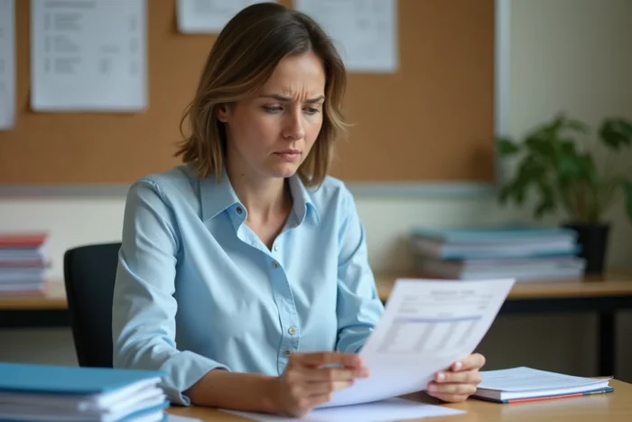 Enseignante vérifiant son bulletin de salaire à son bureau dans une salle des professeurs