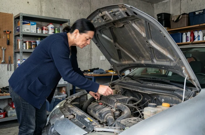 Femme vérifiant le niveau d'huile moteur d'une voiture d'occasion dans un garage