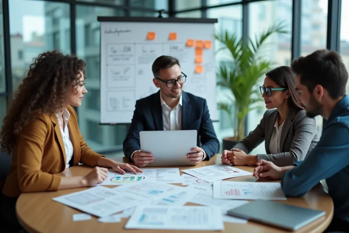 Équipe de professionnels collaborant sur la conception et l'organisation d'un site de formation en ligne