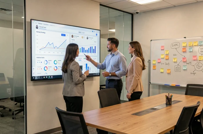 Équipe marketing collaborant sur une stratégie de webmarketing en temps réel autour d'un écran interactif en salle de réunion