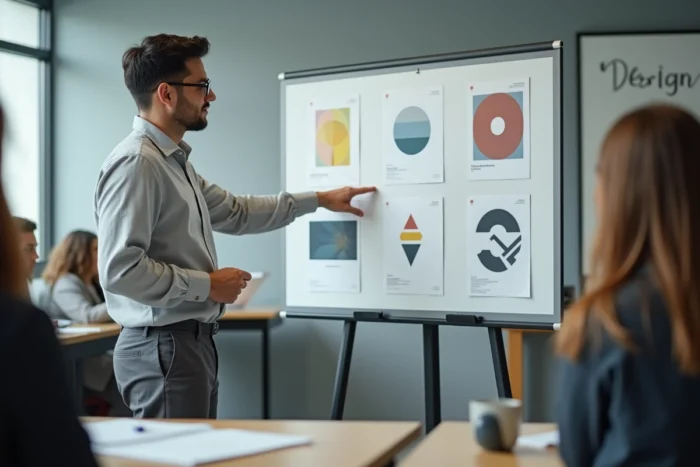 Étudiant en design graphique présentant son portfolio devant un tableau de références visuelles dans une salle de formation professionnelle