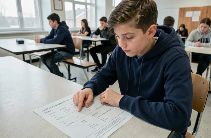 Adolescent étudiant la conjugaison du verbe faire au passé composé sur une fiche de grammaire française à l'école