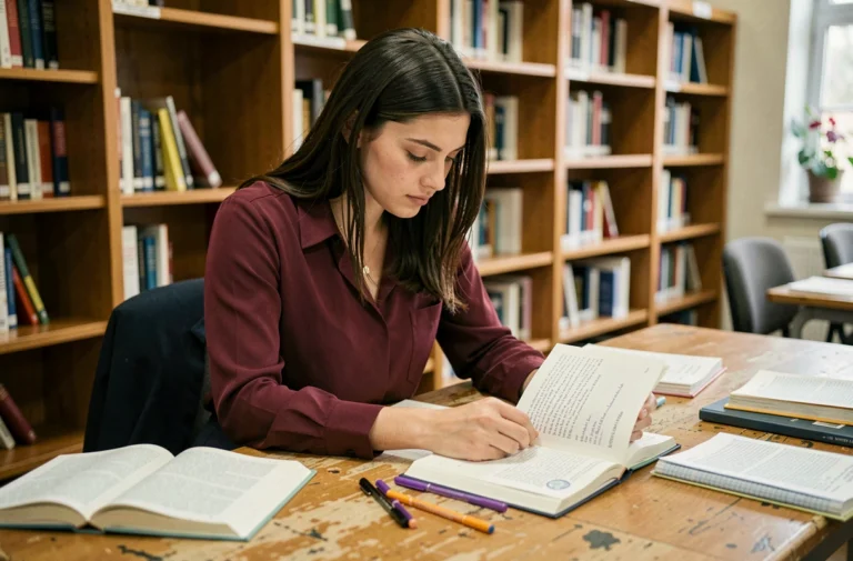 Jeune étudiante préparant son dossier pour devenir CPE dans une bibliothèque universitaire