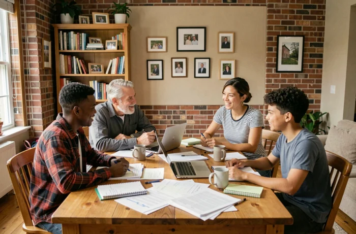 Famille de quatre personnes réunie autour d'une table pour organiser leur vie familiale avec des ressources pratiques