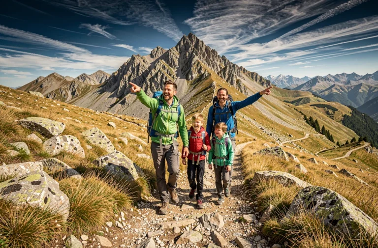 Famille en randonnée sur le sentier du tour des Pérics dans les Pyrénées avec vue sur les sommets rocheux