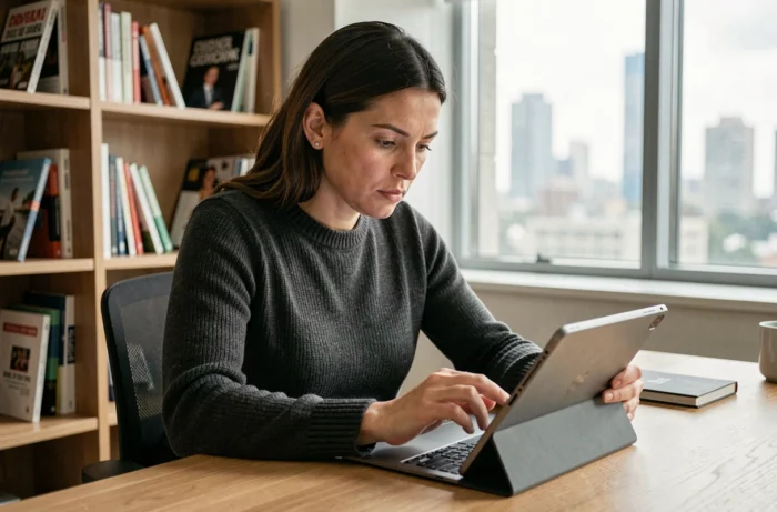 Femme concentrée consultant les dernières actualités sur une tablette dans un bureau moderne