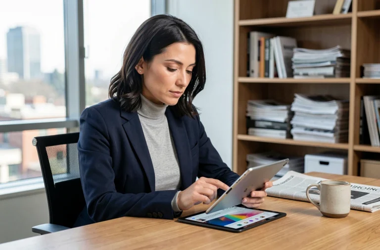 Femme professionnelle consultant l'actualité sur une tablette dans un bureau moderne