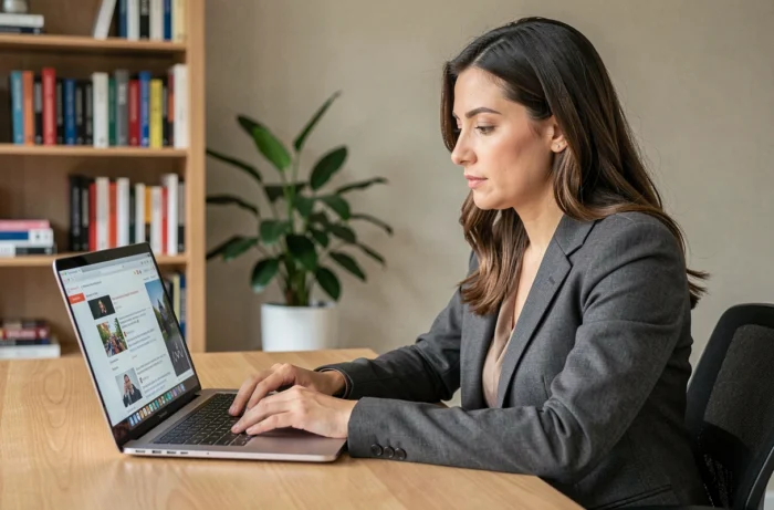 Femme analysant des avis clients en ligne sur un ordinateur portable pour évaluer la fiabilité d'un service