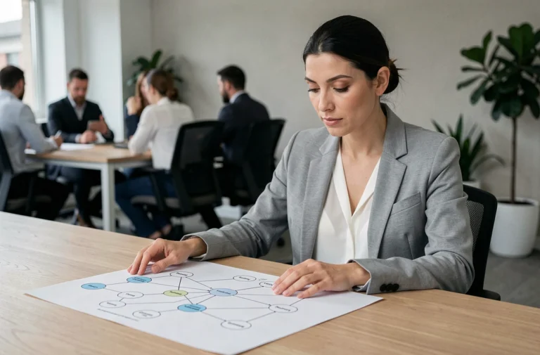 Femme professionnelle analysant un plan de sitemap imprimé sur un bureau en bois dans un bureau moderne