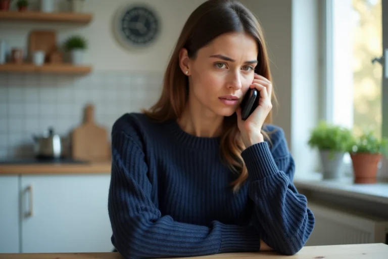 Femme appelant le service client Ouigo depuis son appartement avec un smartphone