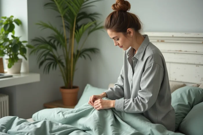 Femme en train de boutonner une housse de couette verte avec des boutons en tissu sur un lit bien arrangé