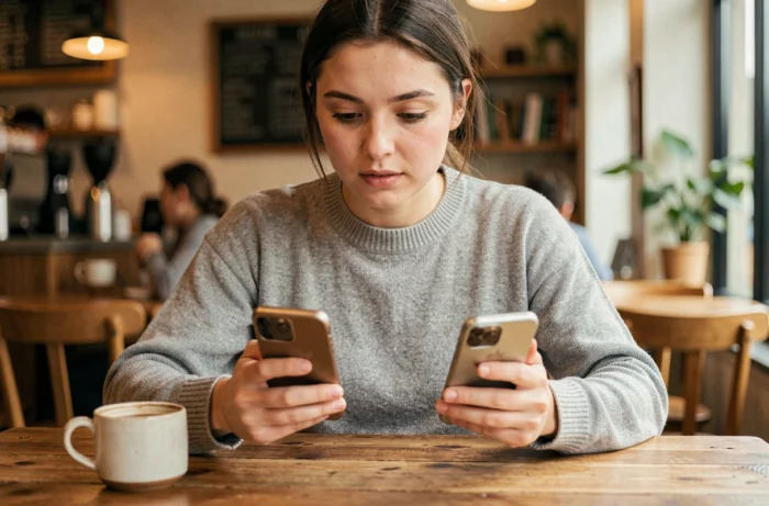 Femme assise dans un café comparant deux smartphones Samsung Galaxy A et S avec une expression réfléchie