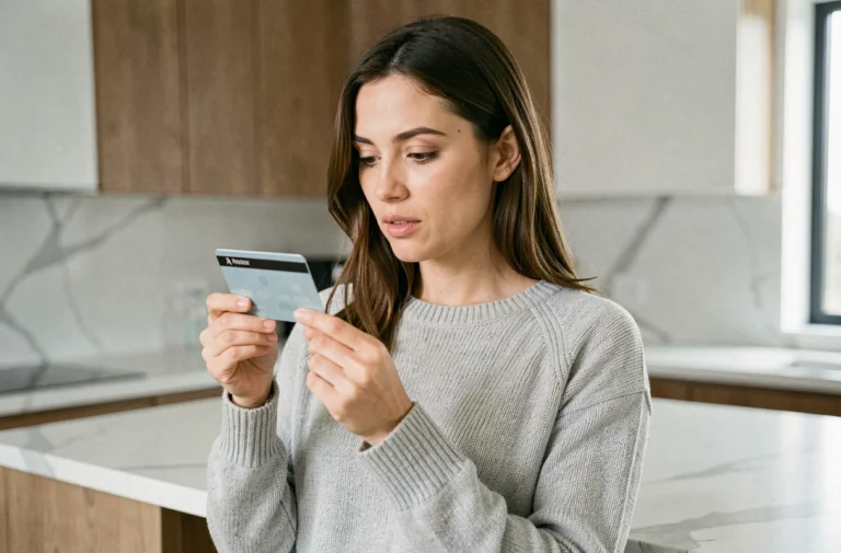 Femme tenant une carte bancaire prépayée dans une cuisine moderne et minimaliste
