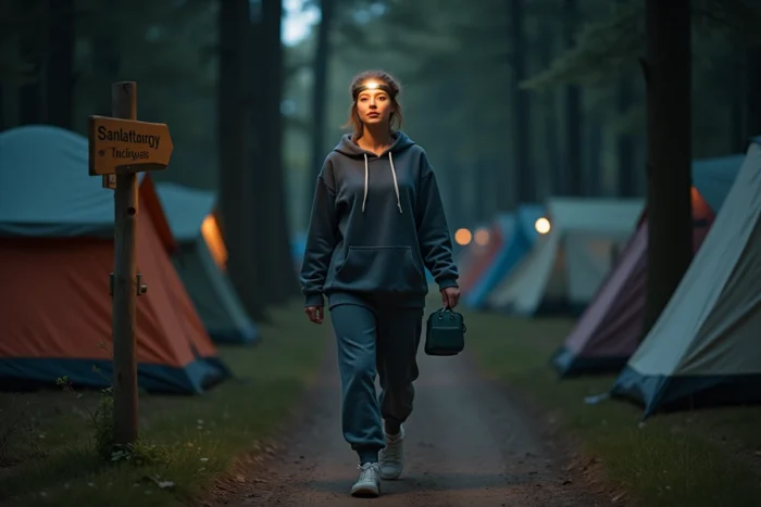 Femme se rendant aux sanitaires de nuit dans un camping avec lampe frontale et trousse de toilette
