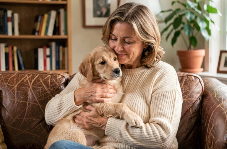 Femme tenant affectueusement son chien golden retriever dans un salon cosy, illustrant la protection offerte par une assurance santé pour animaux de compagnie
