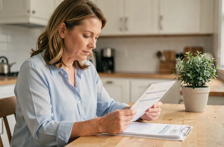 Femme comparant des documents de mutuelle santé à la maison pour choisir la meilleure couverture en 2024
