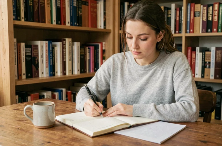 Femme écrivant la conjugaison du verbe faire au passé composé dans un cahier sur un bureau en bois
