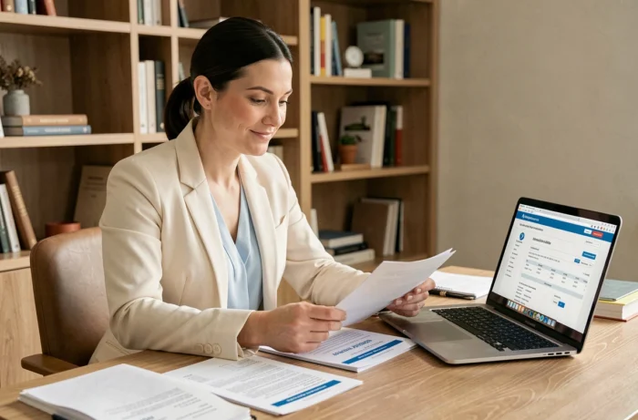 Femme consultant des documents de demande de crédit à son bureau à domicile pour financer ses projets