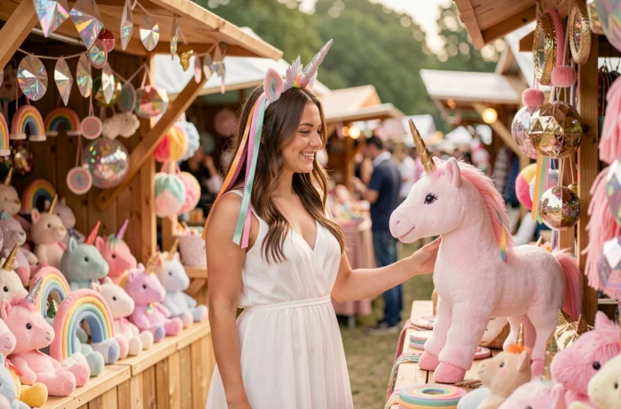 Jeune femme souriante avec diadème de licorne devant un stand de marché coloré aux accessoires féeriques