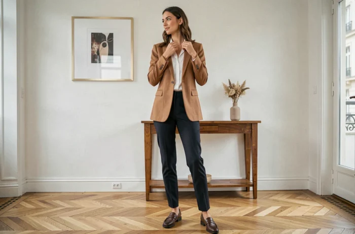 Femme élégante en blazer camel dans un appartement parisien, style vestimentaire raffiné au quotidien