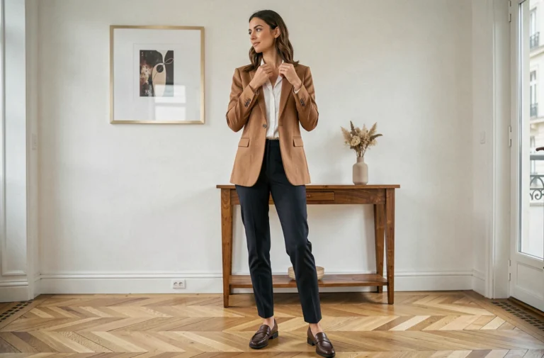 Femme élégante en blazer camel dans un appartement parisien, style vestimentaire raffiné au quotidien
