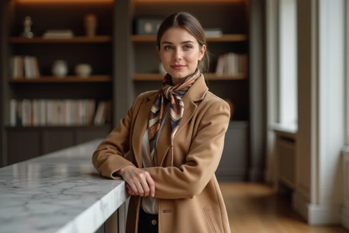 Femme élégante portant un manteau camel et un foulard en soie dans un appartement parisien moderne, illustrant les accessoires indispensables pour sublimer son style au quotidien