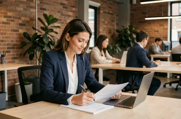 Femme entrepreneuse concentrée sur son plan d'affaires dans un espace de coworking moderne