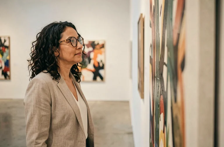 Femme contemplant une œuvre d'art abstraite dans une galerie d'art contemporain aux murs blancs et au sol en béton