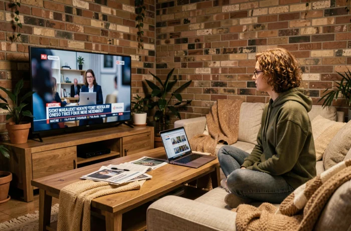 Jeune femme suivant les informations télévisées depuis son salon avec ordinateur portable