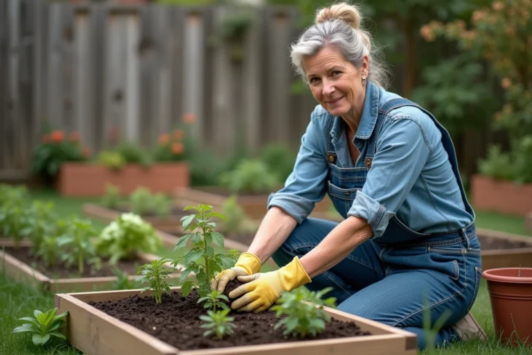 Femme jardinant dans un potager en bois au printemps, transplantant des plants de tomates avec soin