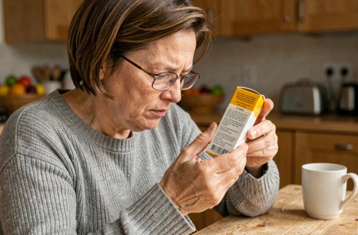 Vrouw leest aandachtig de bijsluiter van een doos Vichy-tabletten thuis voordat ze ze consumeert