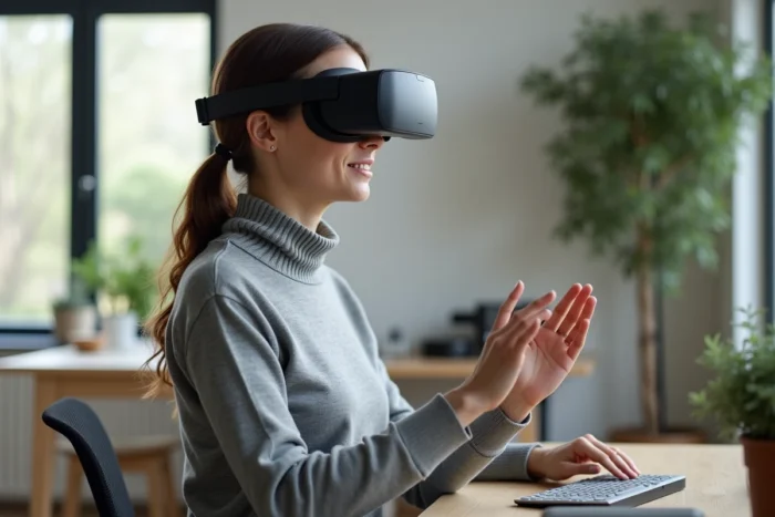 Femme utilisant un casque de réalité augmentée dans un bureau à domicile moderne, illustrant les tendances technologiques 2024