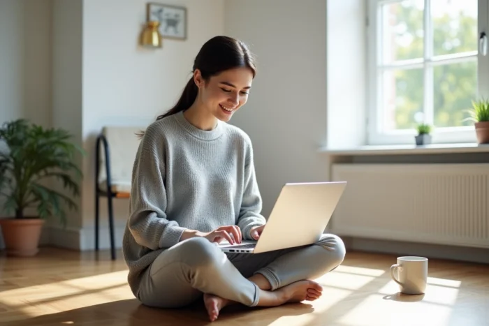 Jeune femme consultant des annonces de location en ligne sur son ordinateur portable dans un appartement moderne