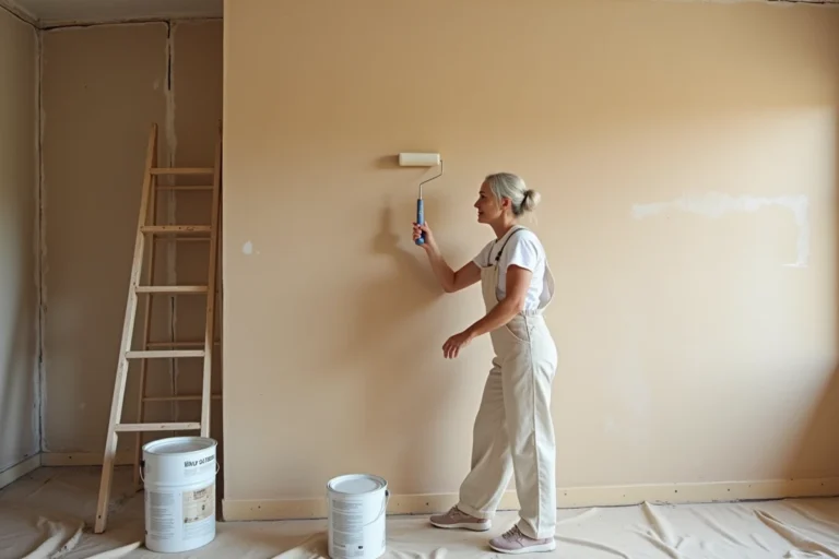 Femme renovant un salon en appliquant de la peinture beige sur un mur en cours de rénovation intérieure