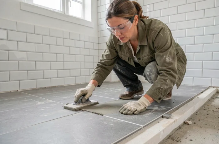 Femme posant du carrelage dans une salle de bain en cours de rénovation