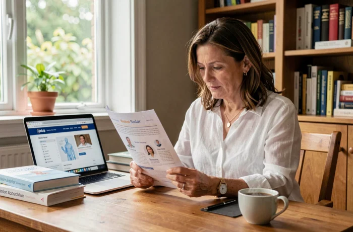 Femme consultant des ressources santé fiables à son bureau avec livres médicaux et ordinateur portable