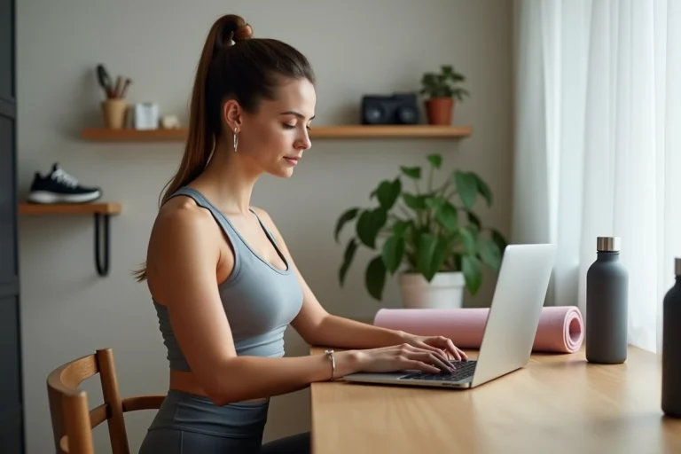 Femme sportive consultant des ressources d'entraînement en ligne sur un ordinateur portable dans un bureau à domicile