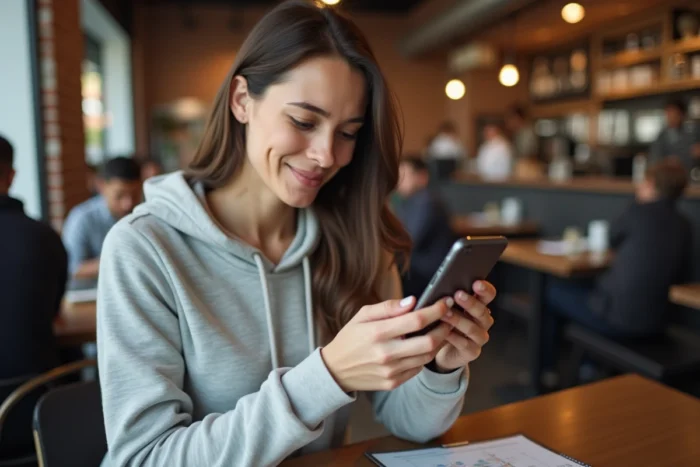 Jeune femme utilisant son smartphone pour accéder à une nouvelle adresse web dans un café urbain