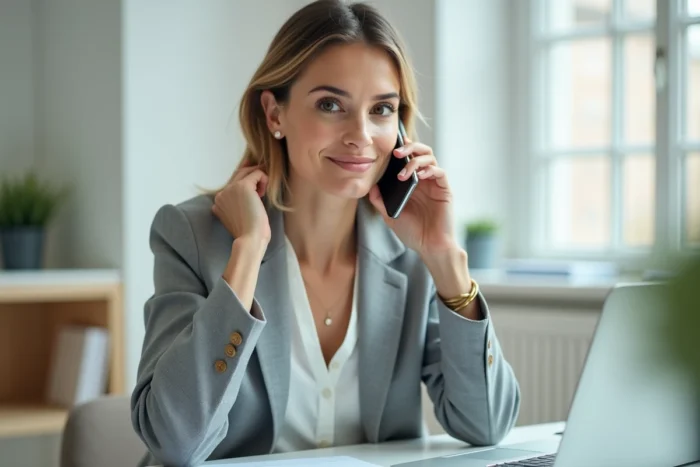 Femme en blazer gris parlant sur son smartphone dans un bureau moderne, illustrant l'utilisation d'un numéro en indicatif 04 12 en France