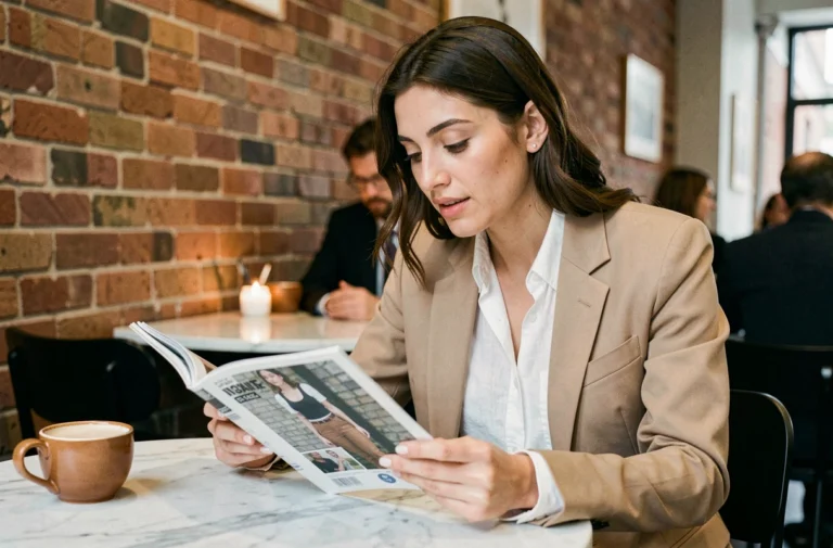 Femme élégante dans la trentaine lisant un magazine de tendances dans un café moderne aux murs en briques apparentes